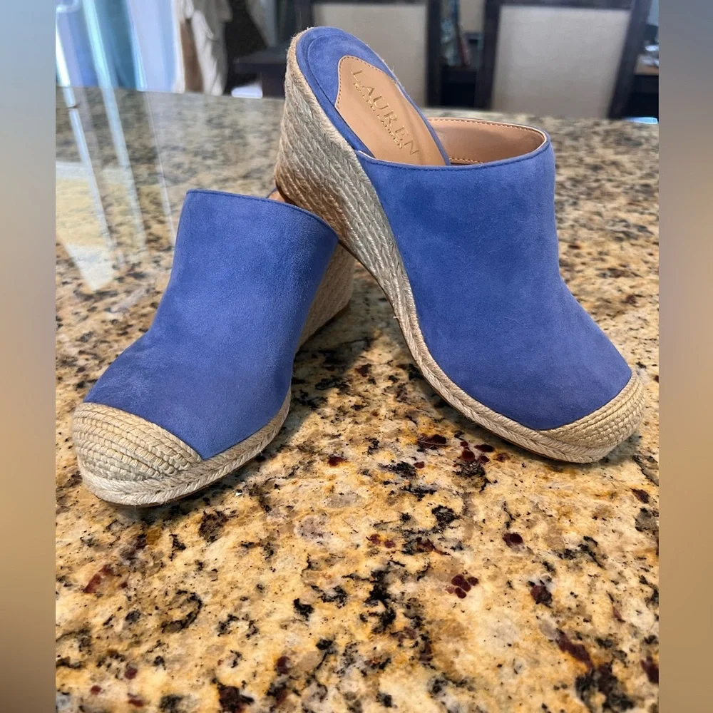 NIB Lauren Ralph Lauren Pennie Blue Suede Slip-on Espadrille Wedge Mules Size 7